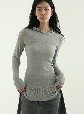 韩国代购25A/W silket frill hood tee 设计师款长袖连帽上衣百搭