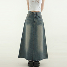 韩国代购24F/W back slit brushed denim long skirt后开叉牛仔裙