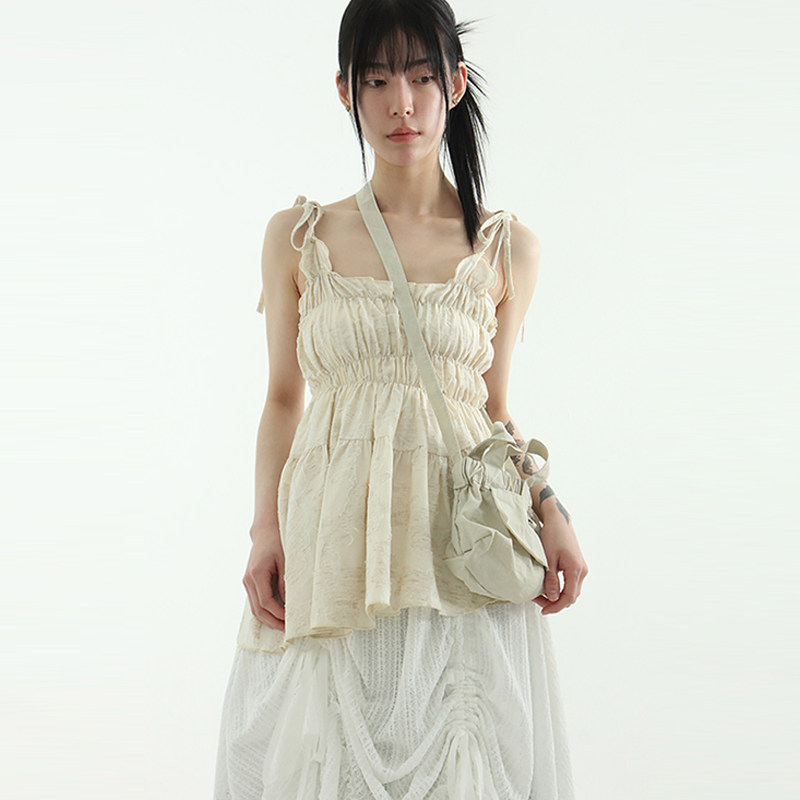 韩国现货24S/S organic linen shirring sleeveless top 吊带背心