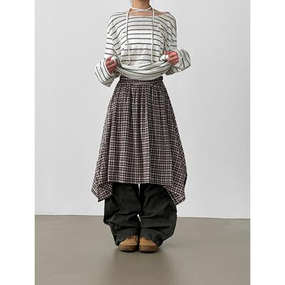 Localmansion韩代格子褶皱半身裙