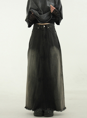 韩国代购24 dark brown brushed denim maxi skirt黑棕磨白牛仔裙