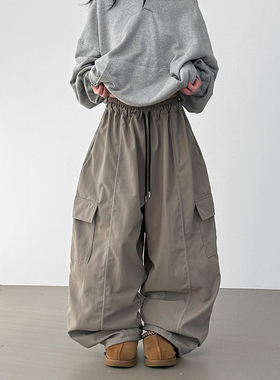 韩代25 napping-lined nylon cargo wide banding pants (unisex)