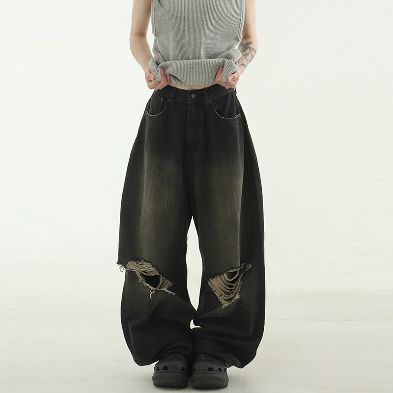 国内现货24S/S dark brown damage soft wide jean黑色破洞牛仔裤