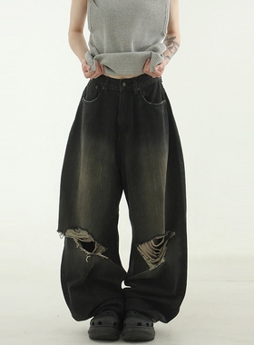 国内现货24S/S dark brown damage soft wide jean黑色破洞牛仔裤