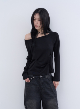 lowear韩代 drape edge button tee 设计师款个性褶皱长袖T恤女