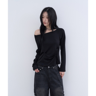 lowear韩代 drape edge button tee 设计师款个性褶皱长袖T恤女