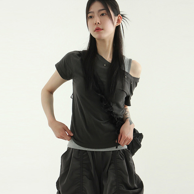 Localmansion韩代铆钉露肩短袖T