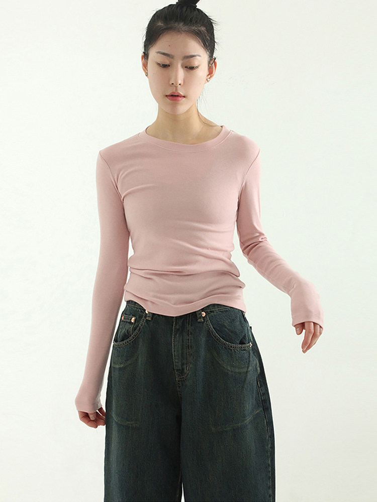 韩国代购mild texture round tee纯色长袖打底衫百搭t恤休闲修身