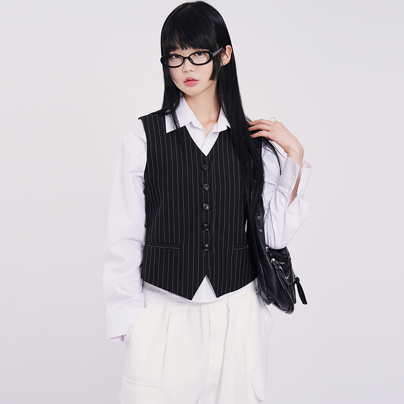 韩国代购Raucohouse Geek stripe vest 条纹西装马夹背心复古百搭