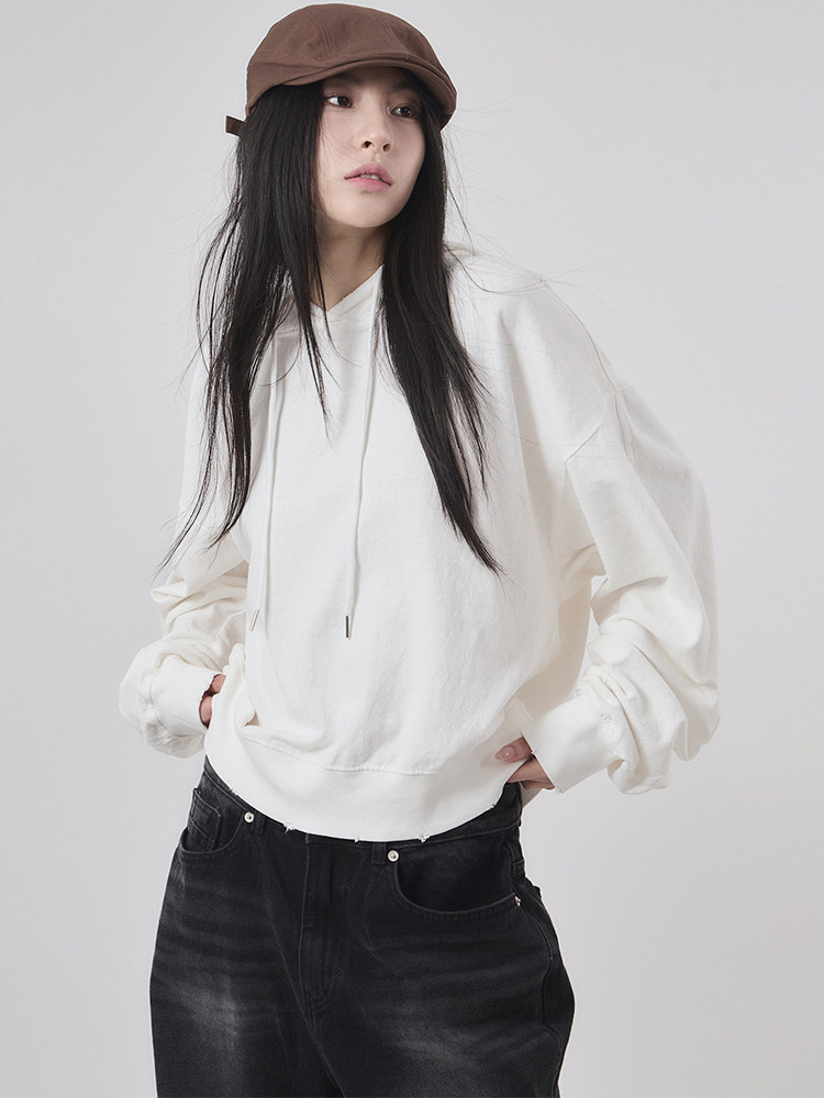 韩代Raucohouse Reverie washed damage crop hoodie短款连帽卫衣