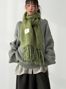 韩国代购26A/W brushed tassel wide muffler 设计师宽幅流苏围巾