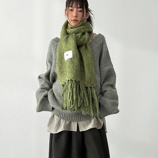 韩国代购26A/W brushed tassel wide muffler 设计师宽幅流苏围巾