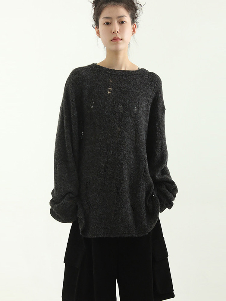 韩国代购 grunge wool knit (unisex) 破洞长袖宽松针织衫百搭女