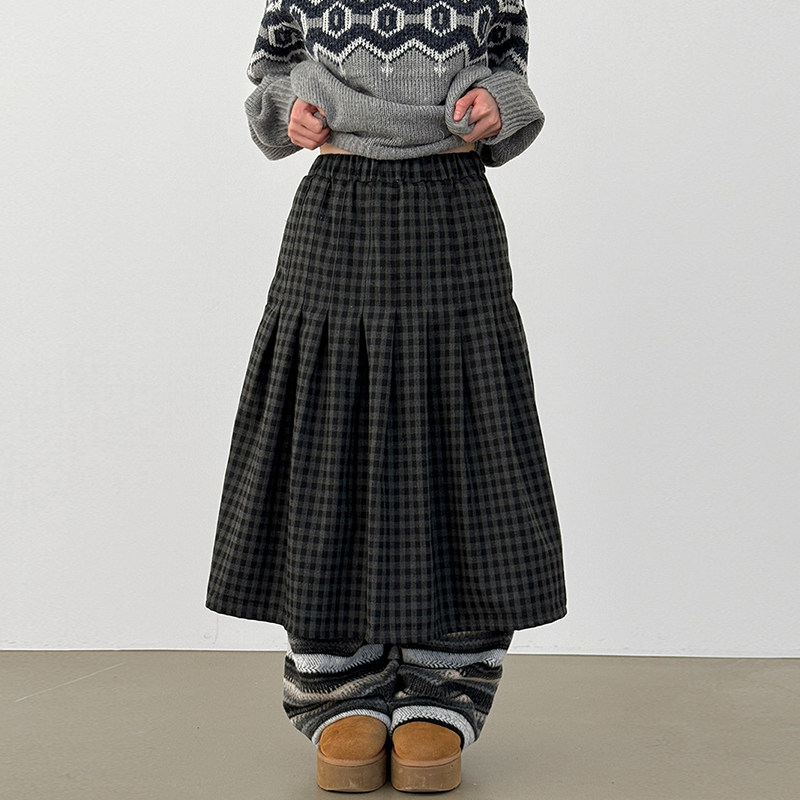 韩国代购26 check pleated banding long skirt 复古格子半身裙