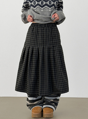 韩国代购26 check pleated banding long skirt 复古格子半身裙