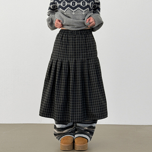 韩国代购26 check pleated banding long skirt 复古格子半身裙