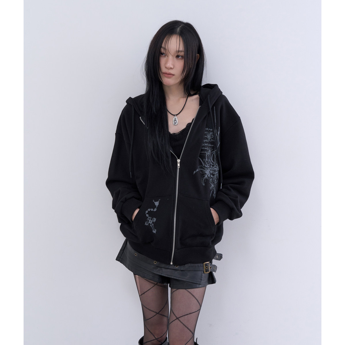 lowear韩代印花连帽拉链衫