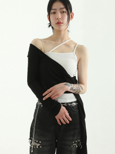 sleeveless 韩国代购 string oblique top设计师单侧吊带背心女