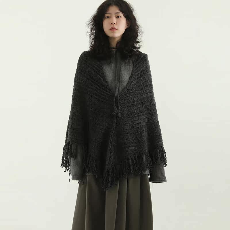 国内现货! fringe knit pancho 设计师款复古针织披肩休闲百搭女
