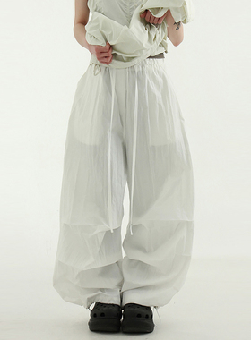 韩国代购25S/S knee tuck paper wide banding pants抽绳薄款长裤