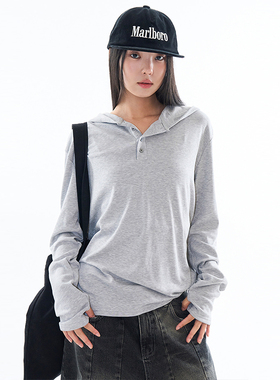 韩代Raucohouse Fingerhole henley hood long sleeve连帽长袖T恤