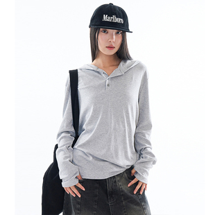 韩代Raucohouse Fingerhole henley hood long sleeve连帽长袖T恤