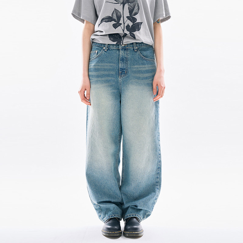 韩国代购Raucohouse Light tin washed denim 复古水洗磨白牛仔裤