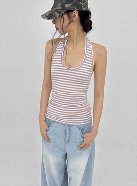 韩国代购26 Woothing Striped Long Halter Sleeveless 条纹背心