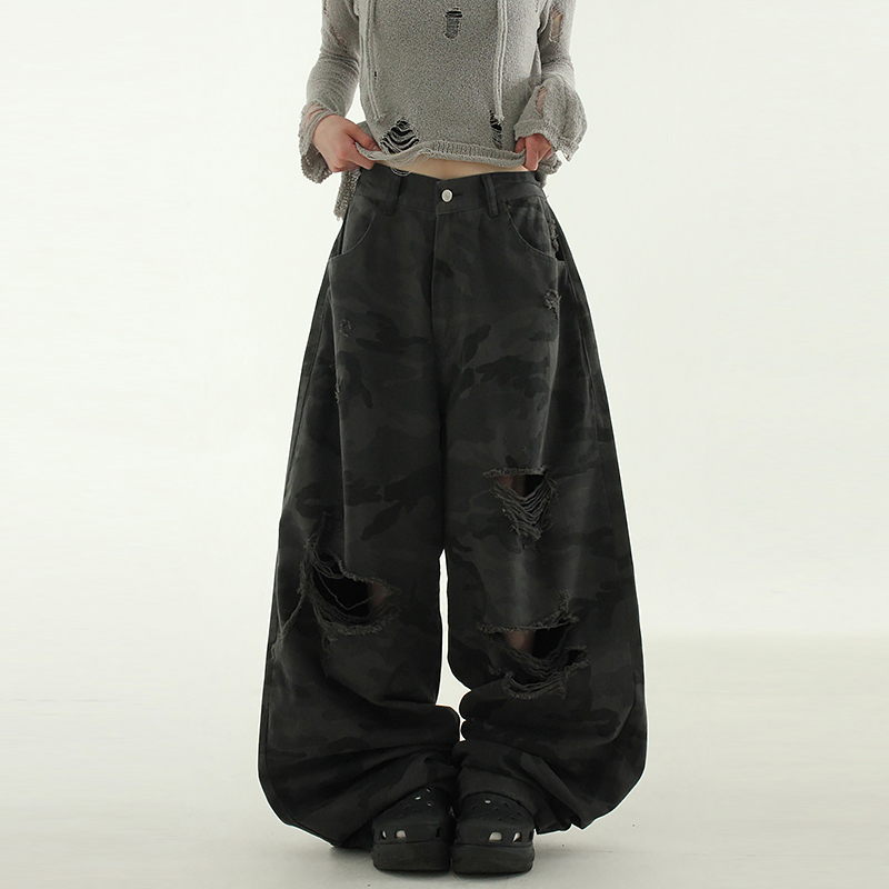 Localmansion韩代迷彩破洞长裤