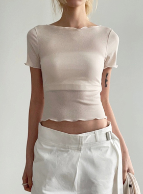 adelio 韩代25 biki wave half tee 甜美微透波浪底短款半袖t恤