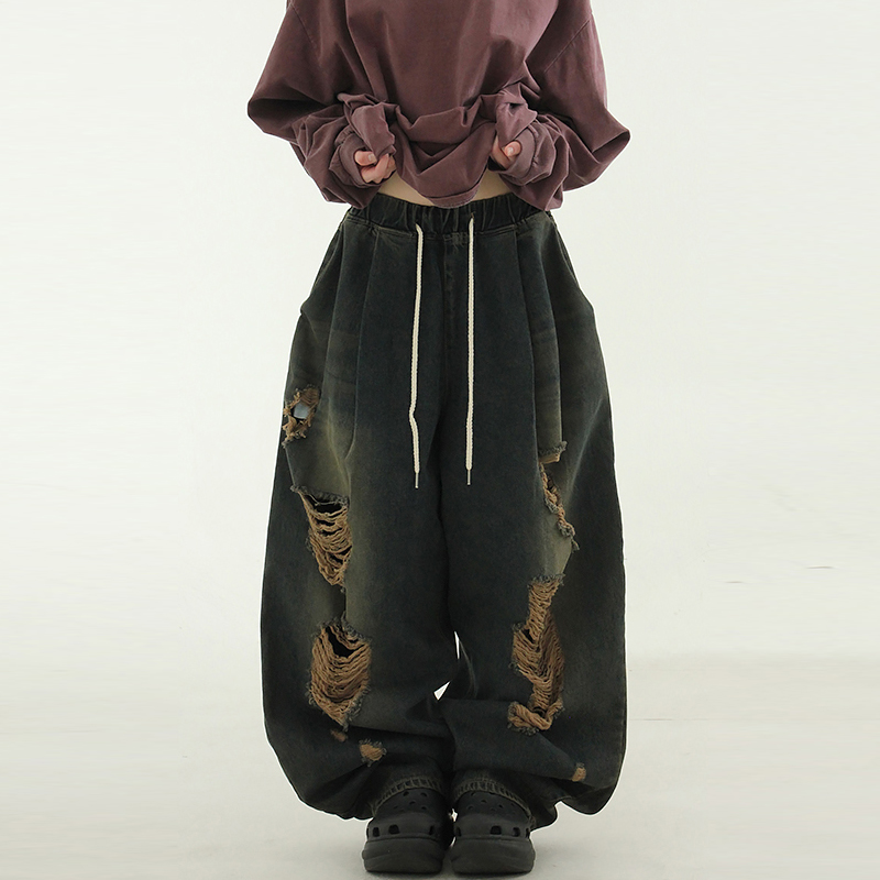 Localmansion韩代破洞抽绳牛仔裤