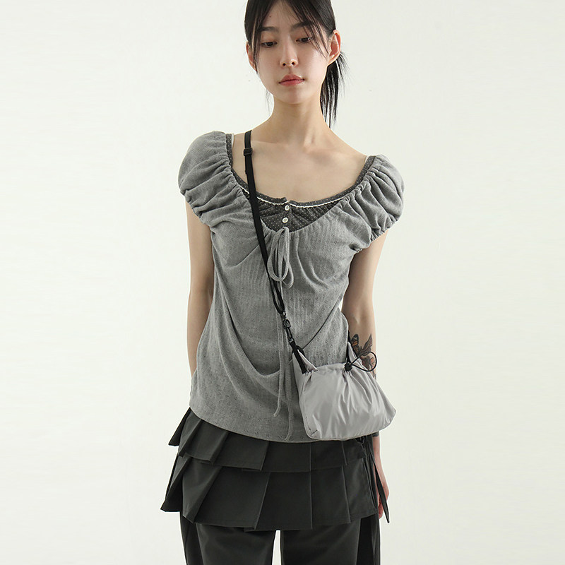 韩国代购25S/S string neck punching tee 设计师款抽绳短袖T恤
