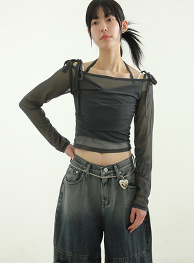 韩国代购24S/S layered string mesh top绑带半透长袖T恤吊带组合