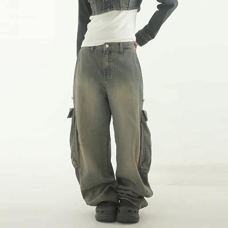 国内现货！khaki blue pocket curved jean 设计师卡其蓝工装牛仔