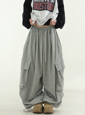 韩代24 soft cotton cargo wide banding pants (unisex)工装长裤