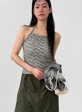 韩国代购26S/S halter neck wrinkled sleeveless top 挂脖背心