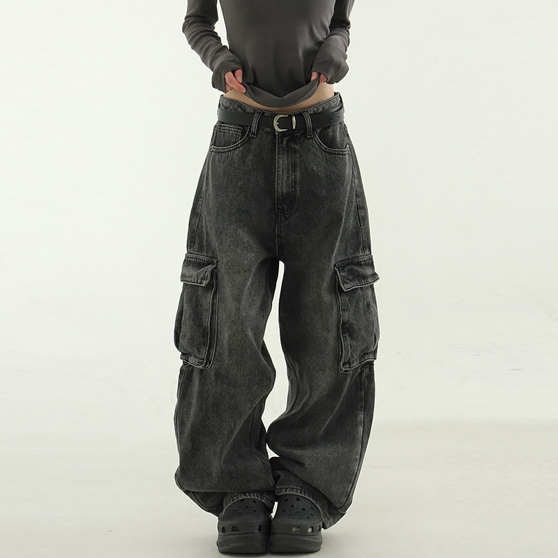 韩国代购24 washed cargo wide jean设计师款水洗工装牛仔长裤女