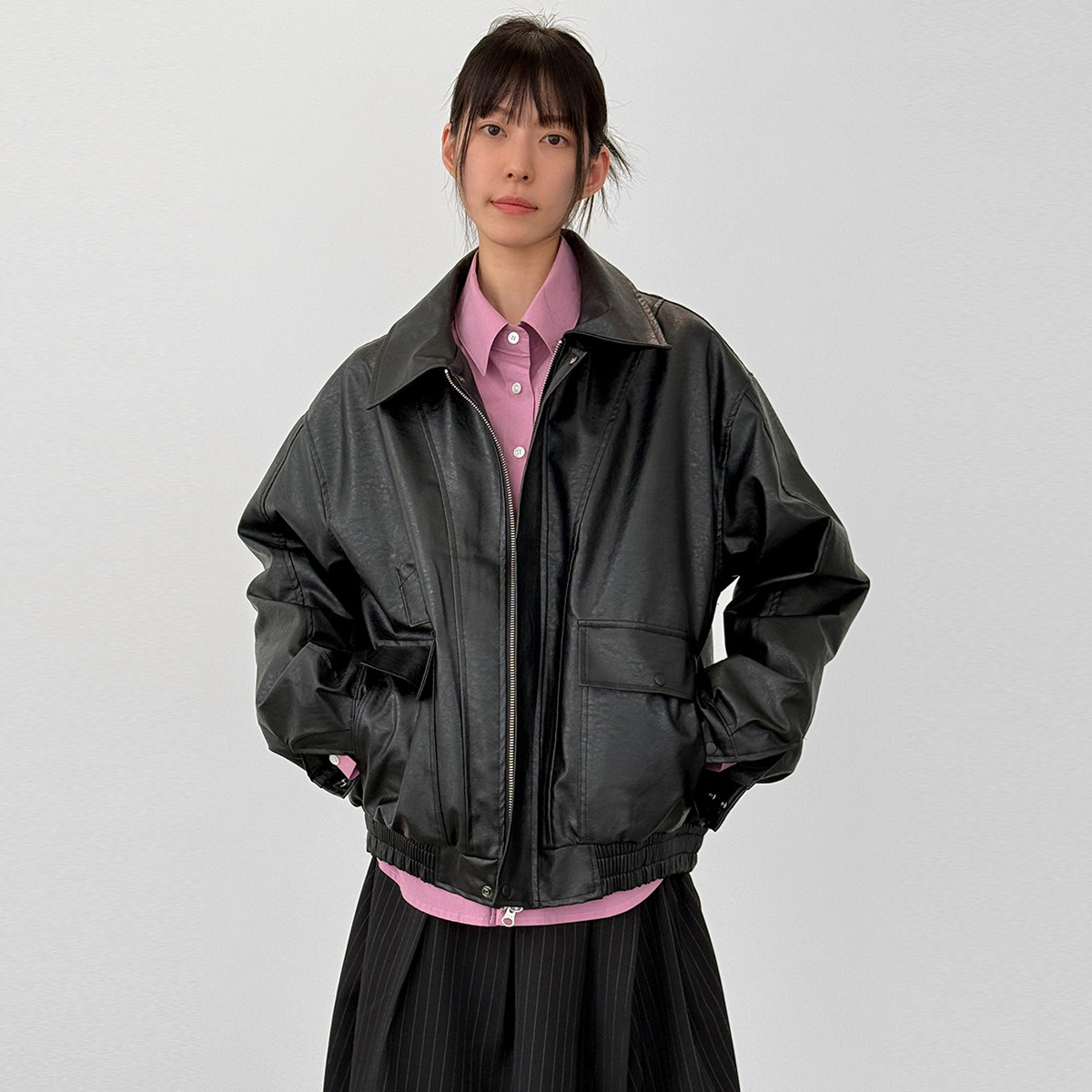 韩国代购26A/W collar neck round leather jumper (unisex) 夹克