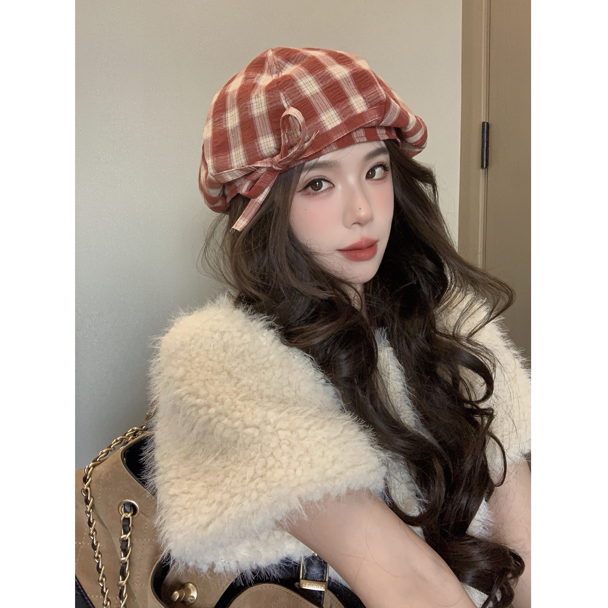 韩版日系格子云朵帽女大头显脸小