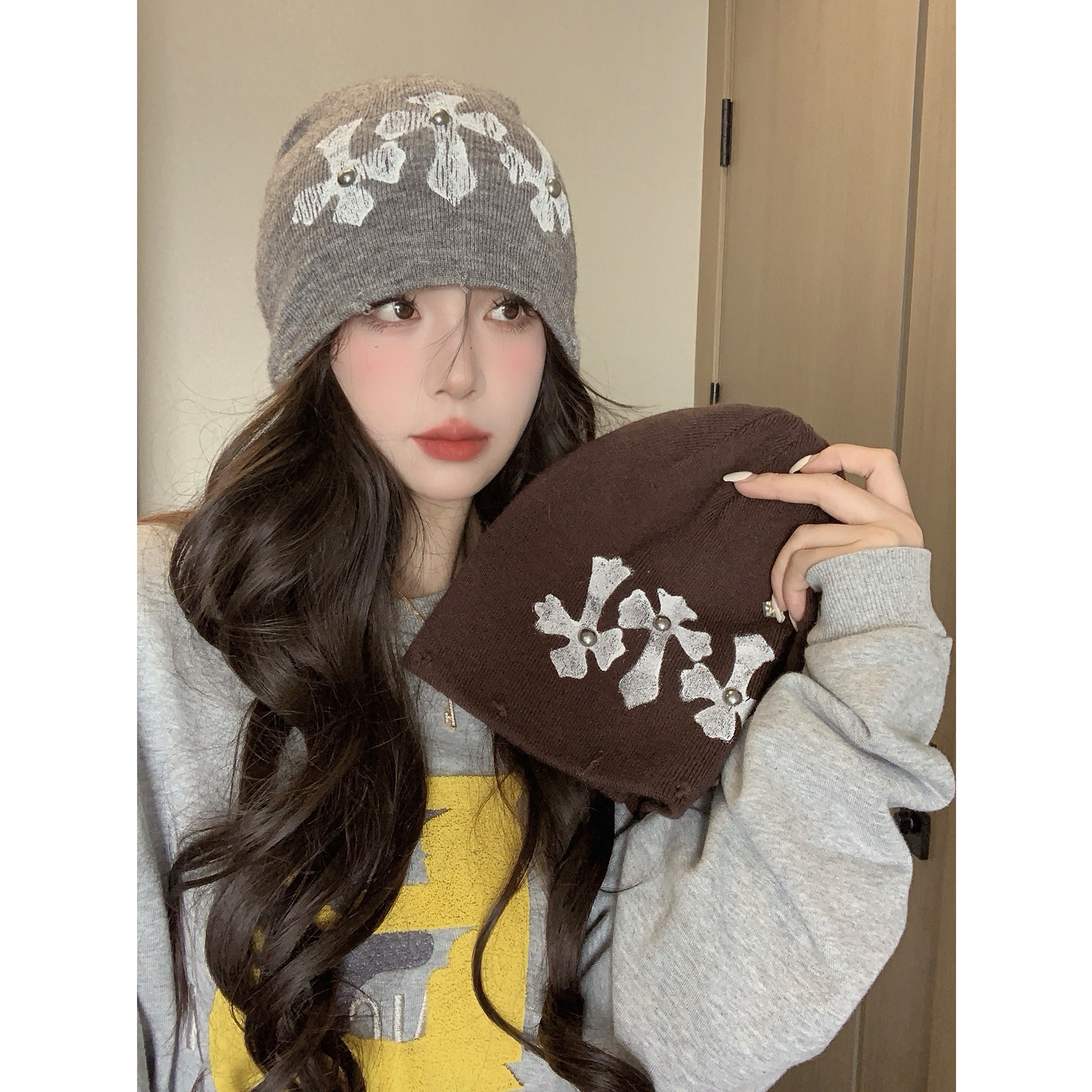 复古y2k街头墨染针织冷帽女包头