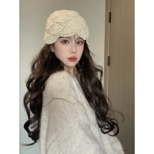 复古手工钩花包头帽女秋冬森系针织帽子冷帽编织套头帽蕾丝月子帽