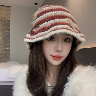 秋冬显脸小彩色条纹渔夫帽女手工钩针毛线帽多巴胺日系复古盆帽潮
