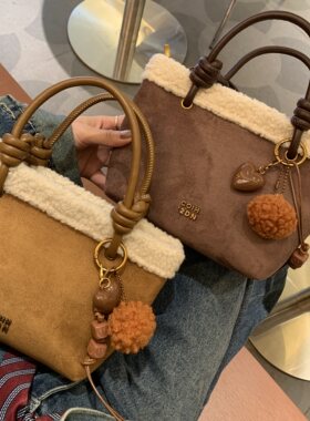 冬季手提麂皮绒拼色包包小款精致