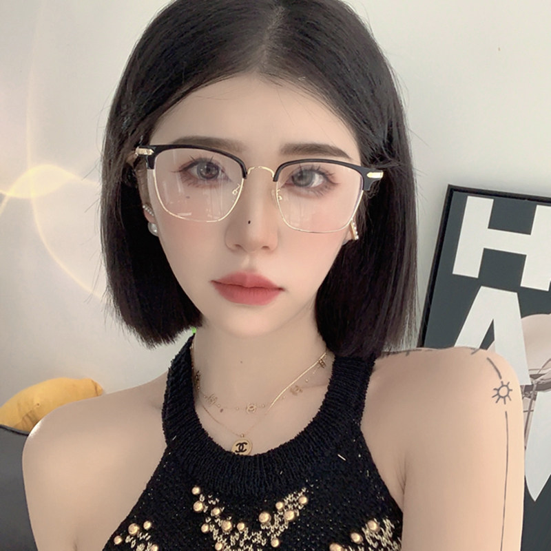 半框眼镜女韩版近视复古欲黑框痞帅眼镜架男款防蓝光平光镜文艺