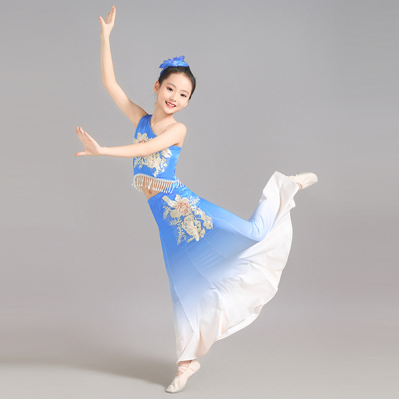 新款傣族服装儿童舞蹈表演服蓝色女童360度鱼尾裙少儿民族演出服