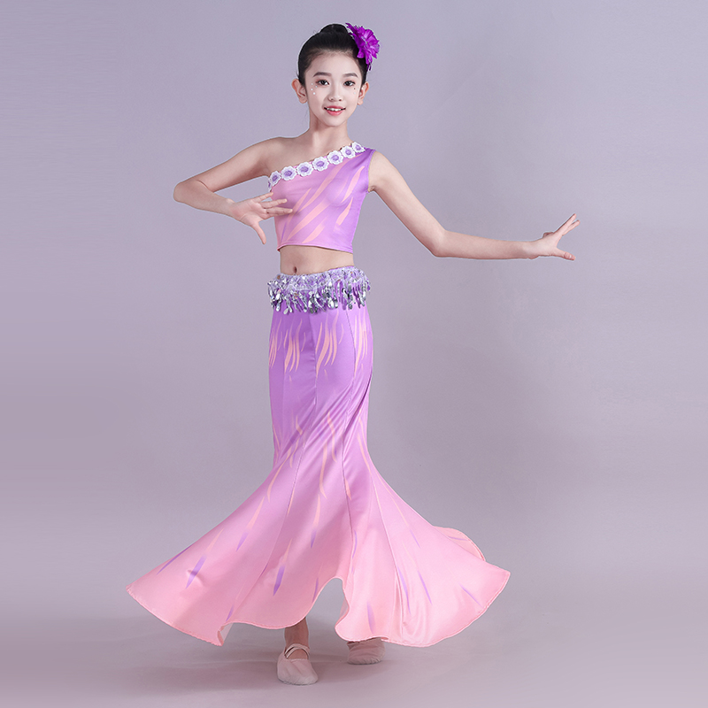 2025新款儿童傣族舞蹈服女童孔雀舞演出表演服少儿鱼尾包臀练习裙