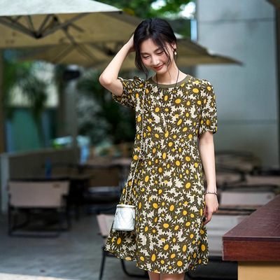 夏季女装大雏菊印花真丝连衣裙