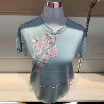 夏装新款中老年妈妈装加肥加大码女士薄款天丝短袖t恤旗袍领女装