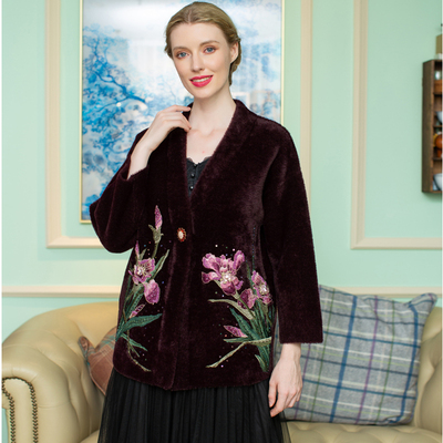 亿喜绣大码外套针织衫羊毛长款大衣婚宴妈妈装冬季貂绒开衫5227