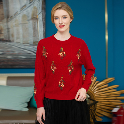 亿喜绣妈妈装秋冬毛衣纯羊毛绣花洋气针织上衣大码宽松羊毛衫5226